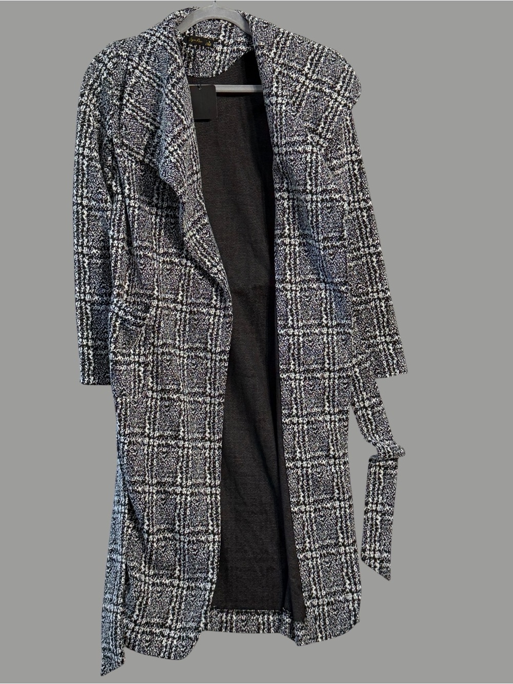 Women's Black & White Plaid Trench Coat with Self-Tie Belt